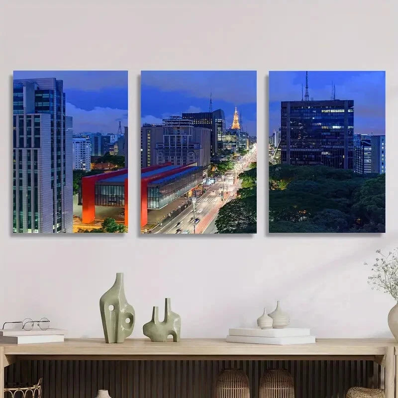 3pcs Paulista Avenue, city night scene, Metal Print Ready to Hang Art