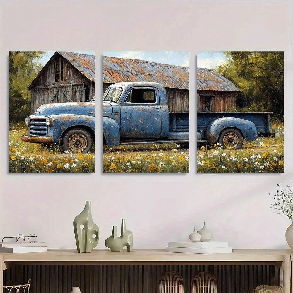 3pcs Vintage Blue Farmhouse Truck & Barn Flowers Metal Print Ready to Hang Art