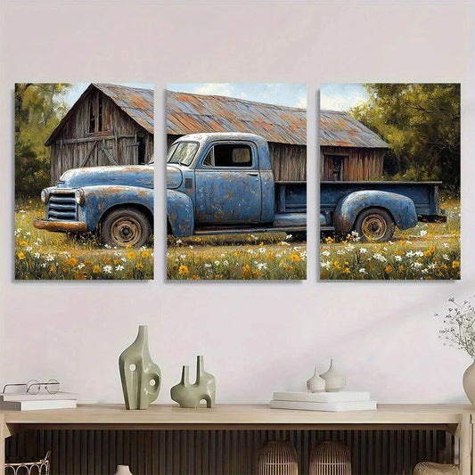 3pcs Vintage Blue Farmhouse Truck & Barn Flowers Metal Print Ready to Hang Art