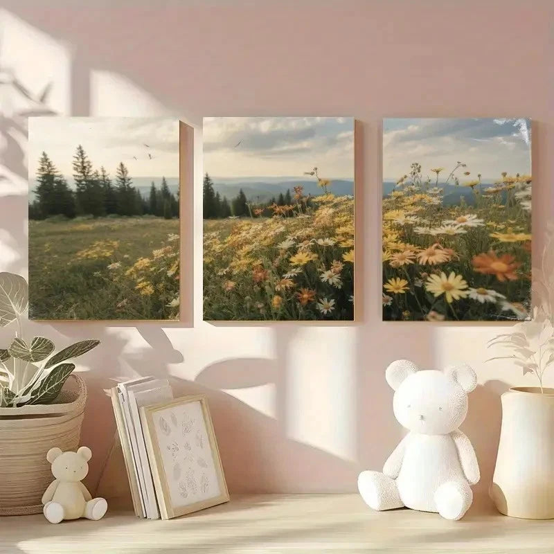 3pcs Vintage Style Serene Wildflower & Pine Tree Metal Print Ready to Hang Art