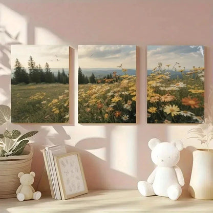 3pcs Vintage Style Serene Wildflower & Pine Tree Metal Print Ready to Hang Art