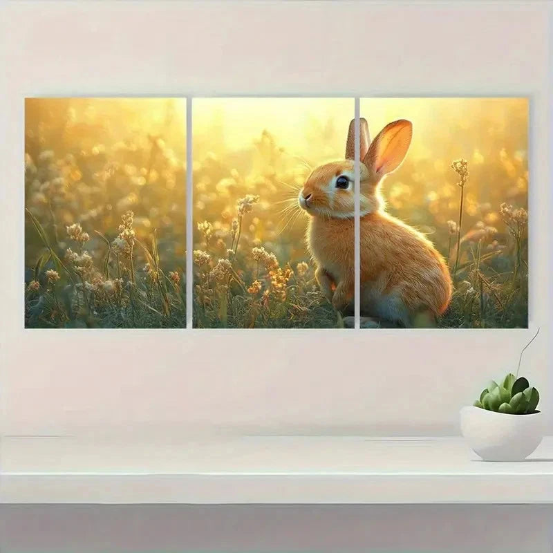 3pcs Rustic Bunny Rabbit & Wheat Field Design Metal Print Ready to Hang Art