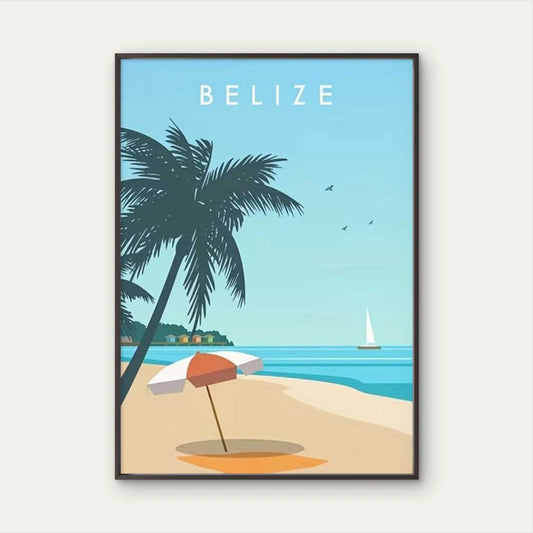 Sunlit Sandy Shoreline Tropical Beach Scene Travel Poster Print Wall Art
