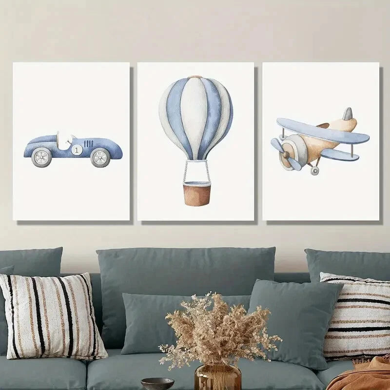 3pcs Cartoon vehicles, cars, hot air balloons Metal Print Ready to Hang Art