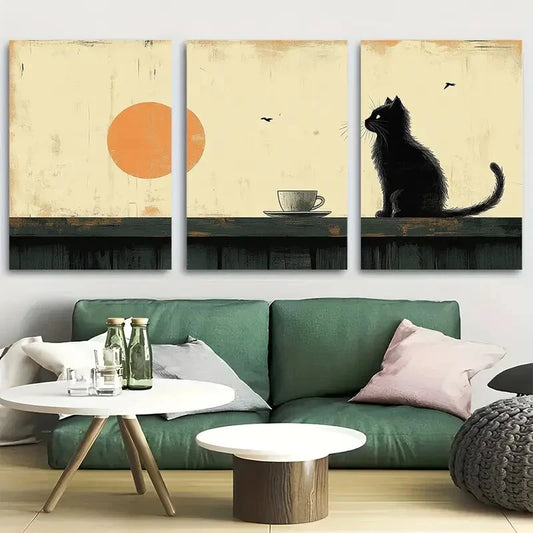 3pcs Black Cat with Coffee Illustration Metal Print Ready to Hang Art