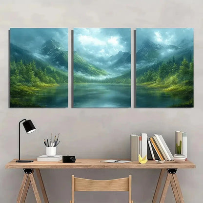3pcs Rich Mossy Green Hues Ethereal Foggy Mist Metal Print Ready to Hang Art