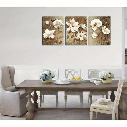3pcs Vintage Floral White Blossom & Green Leaves Metal Print Ready to Hang Art