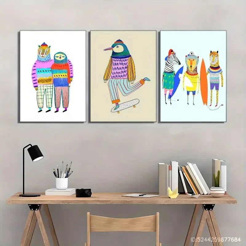 3Pcs Leopard And Sloth Surfer Drawing Beach Surfing Metal Print Ready to Hang