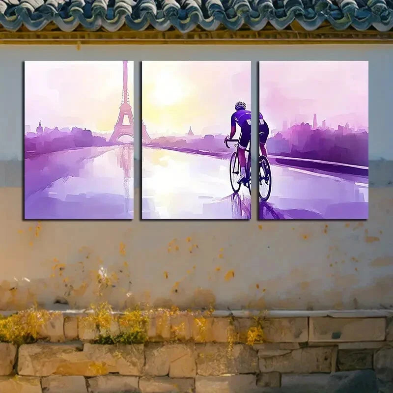 3pcs Cyclist and Eiffel Tower Modern Landscape Metal Print Ready to Hang Art