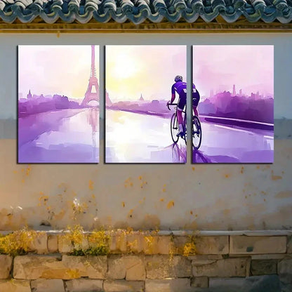 3pcs Cyclist and Eiffel Tower Modern Landscape Metal Print Ready to Hang Art