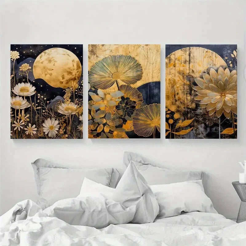 3pcs Modern Golden Moon and Flowers Theme Metal Print Ready to Hang Art