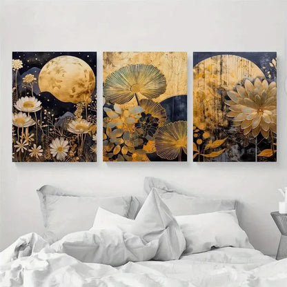 3pcs Modern Golden Moon and Flowers Theme Metal Print Ready to Hang Art