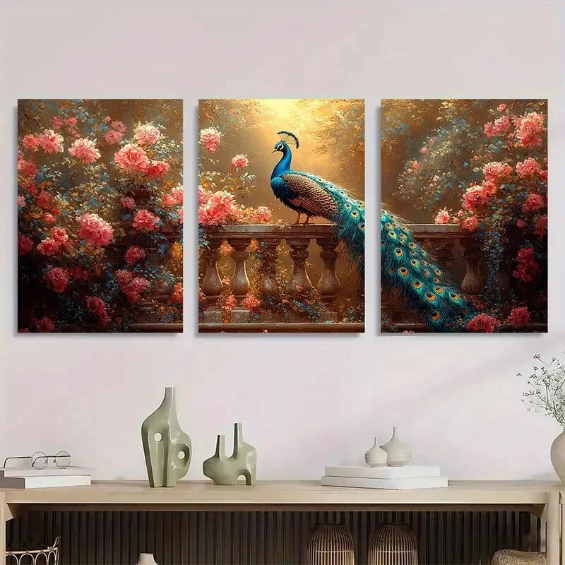 3pcs Elegant Peacock & Floral Vintage Golden Blue Metal Print Ready to Hang Art