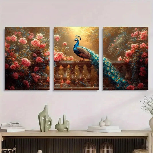 3pcs Elegant Peacock & Floral Vintage Golden Blue Metal Print Ready to Hang Art