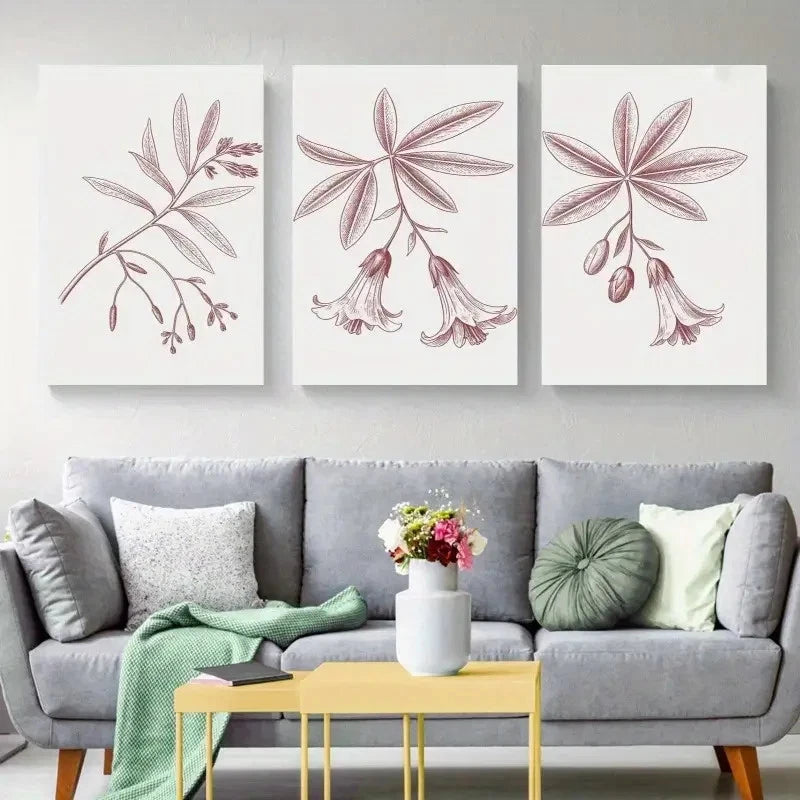 3pcs Botanical Leaves Bell Flowers Painting Metal Print Ready to Hang Art