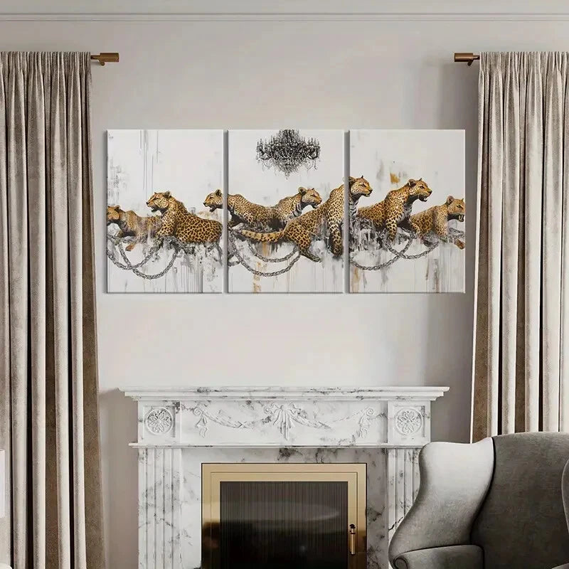 3pcs Leopard Chains Abstract Art Modern Design Metal Print Ready to Hang Art