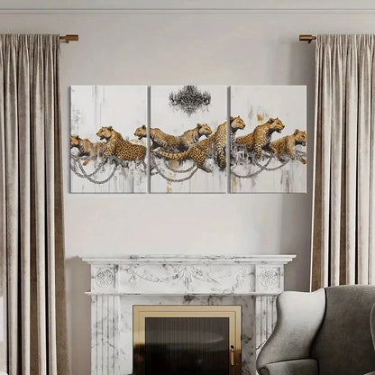 3pcs Leopard Chains Abstract Art Modern Design Metal Print Ready to Hang Art