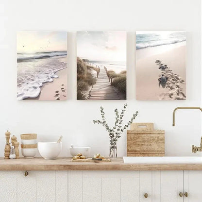 3pcs Beach Turtle & Coastal Path Prints Metal Print Ready to Hang Art