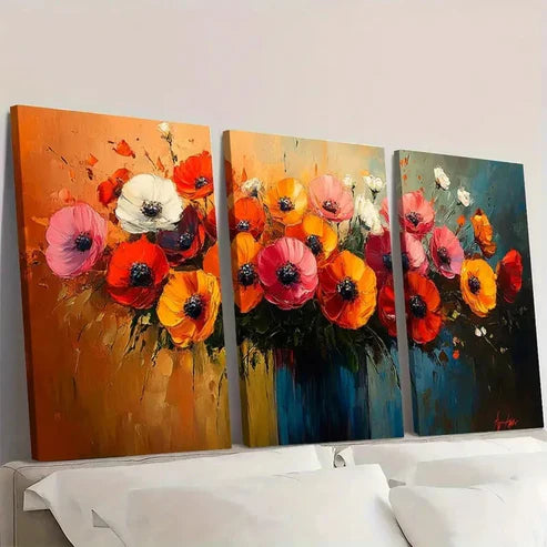 3pcs Flowers in a Vase Abstract P Wall Art Set Canvas Unframed - High Quality Print 100% Australian Made Wall Canvas