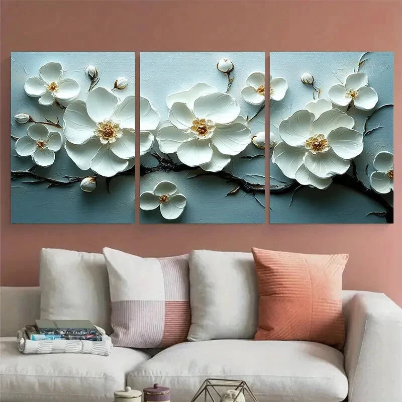 3pcs White Floral Delicate Textured Flowers Metal Print Ready to Hang Art