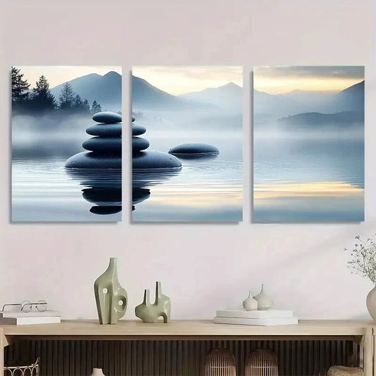 3pcs White for Lotus Black Zen Stones Water Metal Print Ready to Hang Art