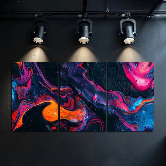 3pcs Abstract Swirls in Neon Red Orange & Violet Metal Print Ready to Hang Art