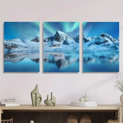 3pcs Night winter landscape with northern lights Metal Print Ready to Hang Art