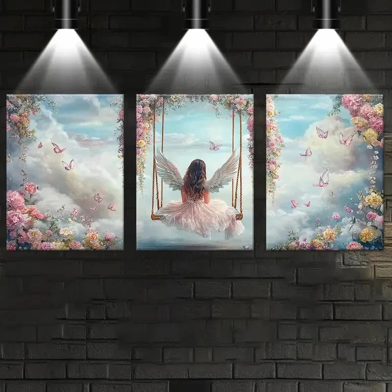 3pcs Angel Sitting On A Swing Artwork Metal Print Ready to Hang Art