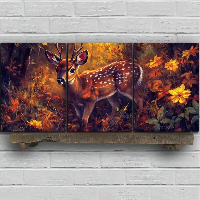 3pcs Deer Under The Sun Forest Flowers Metal Print Ready to Hang Art