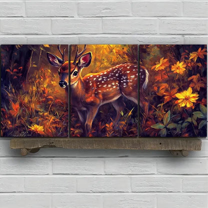 3pcs Deer Under The Sun Forest Flowers Metal Print Ready to Hang Art