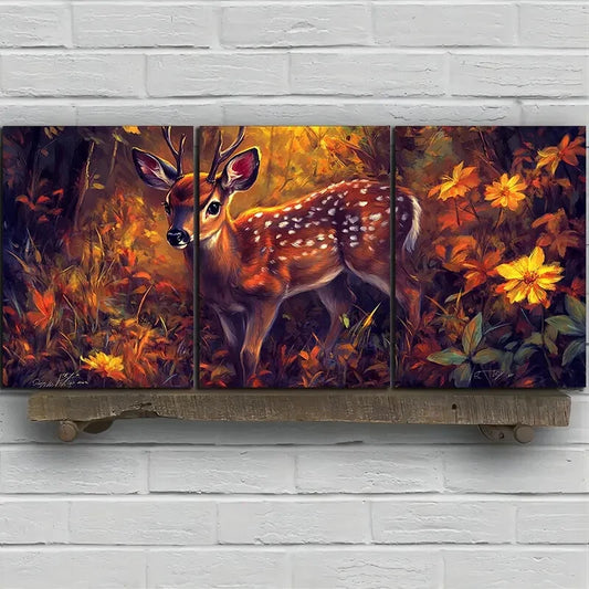 3pcs Deer Under The Sun Forest Flowers Metal Print Ready to Hang Art
