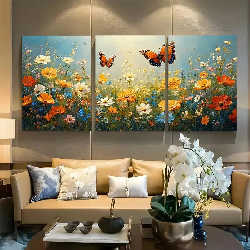 3pcs Vibrant Wildflower Field with Butterflies Metal Print Ready to Hang Art
