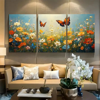3pcs Vibrant Wildflower Field with Butterflies Metal Print Ready to Hang Art