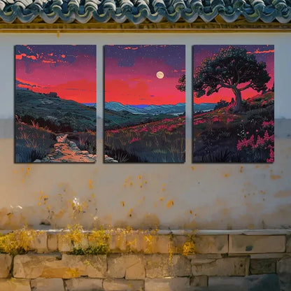 3pcs The Winding Hills and Paths of The Village Metal Print Ready to Hang Art