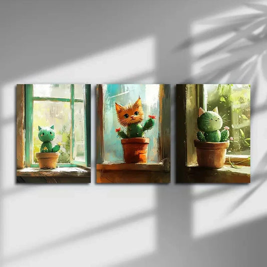 3pcs Cactus Cat Modern Colourful Metal Print Ready to Hang Art