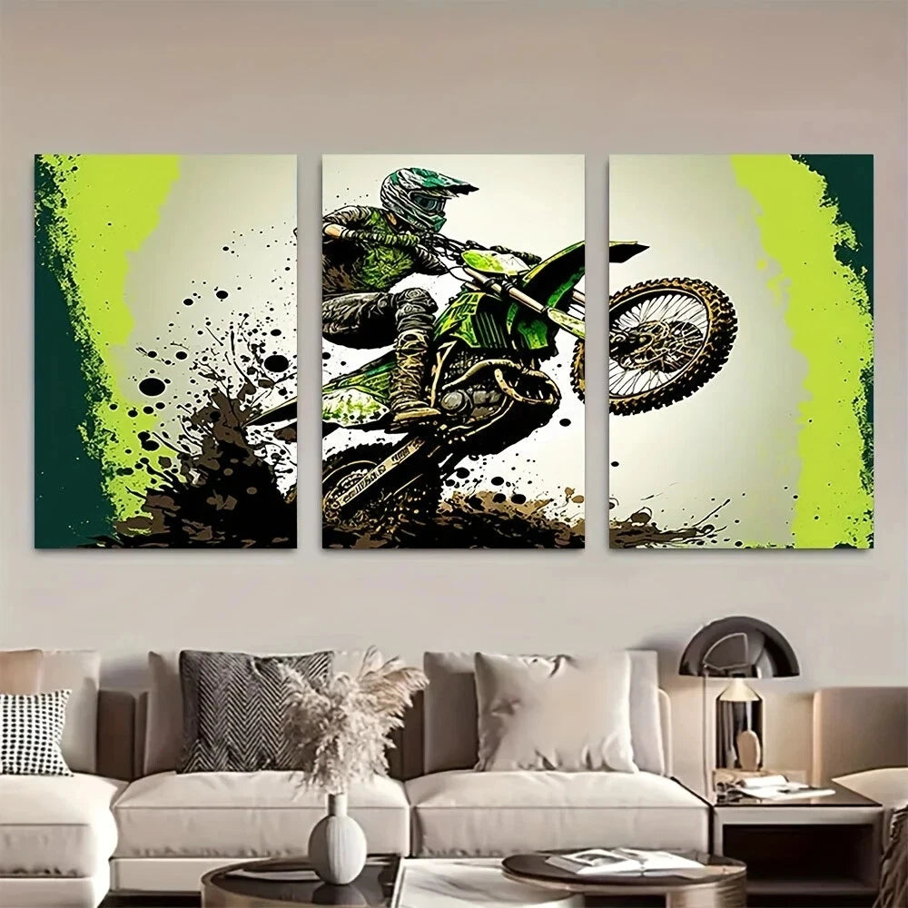 3pcs Green Dirt Bike Motocross Stunt Metal Print Ready to Hang Art