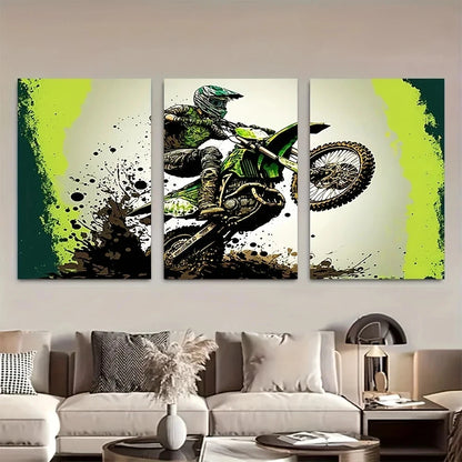 3pcs Green Dirt Bike Motocross Stunt Metal Print Ready to Hang Art
