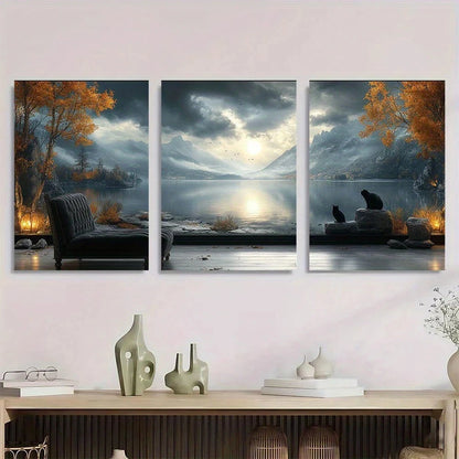 3pcs Scenic Lake & Mountain Nature Metal Print Ready to Hang Art