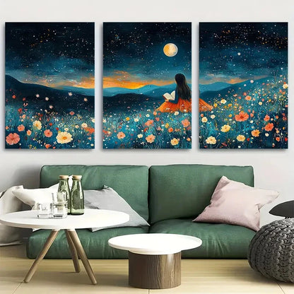3pcs Young Girl Reading in a Vibrant Blue & Floral Metal Print Ready to Hang Art