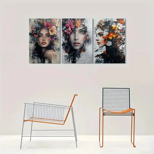 3pcs Abstract Floral Modern Figures Metal Print Ready to Hang Art