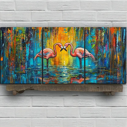 3pcs Pink Flamingos Colourful Yellow Blue Metal Print Ready to Hang Art