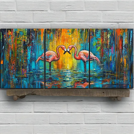 3pcs Pink Flamingos Colourful Yellow Blue Metal Print Ready to Hang Art