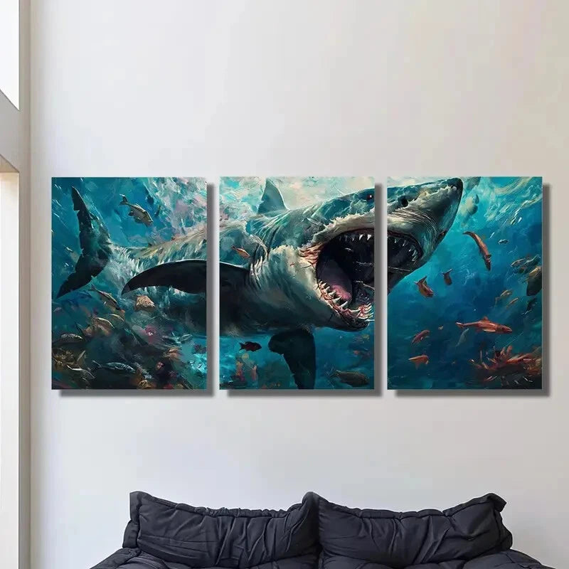 3pcs Classic Modern Style Animal Great White Shark Metal Print Ready to Hang Art