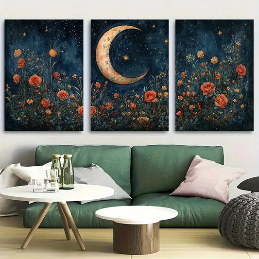 3pcs Floral Crescent Moon Dark Academia Metal Print Ready to Hang Art