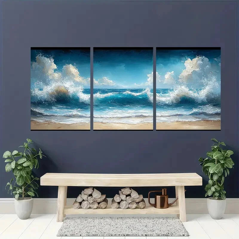 3pcs Coastline Ocean Waves & Beach Scenery Metal Print Ready to Hang Art