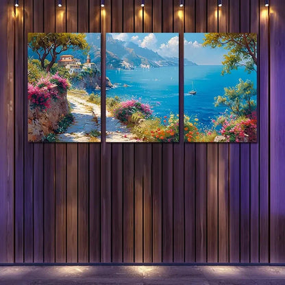 3pcs Vibrant Mediterranean Coastal Village Sea Wall Art Set Canvas Framed 40x60cm - High Quality Print 100% Australian Made Wall Canvas Ready to Hang