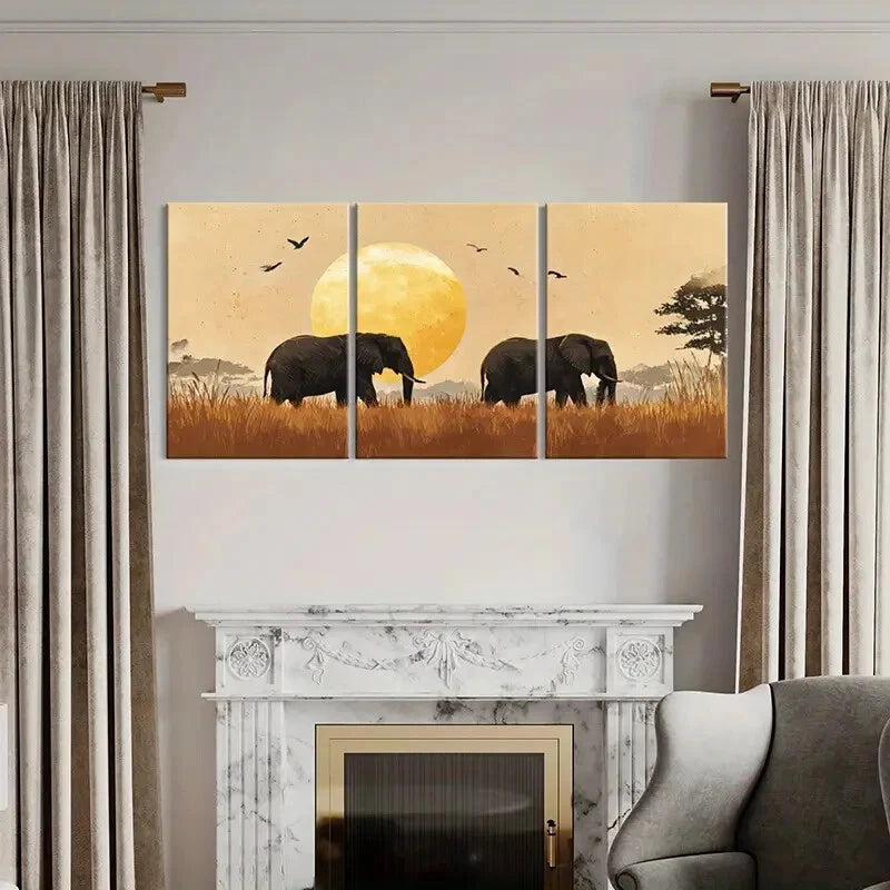 3pcs African Sunset Elephants Safari Theme Metal Print Ready to Hang Art