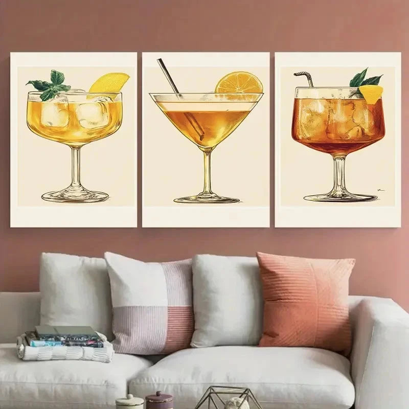 3pcs Bee'S Knees Cocktail Vintage Retro Gin Bar Wall Art Set Canvas Framed 50x70cm - High Quality Print 100% Australian Made Wall Canvas Ready to Hang