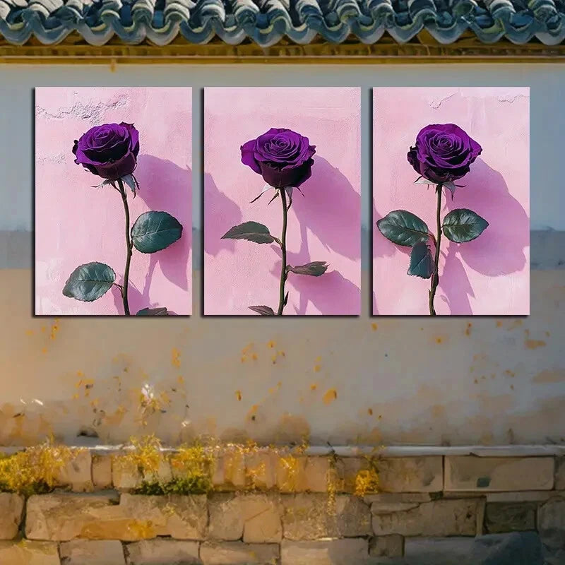 3pcs Vibrant Purple Rose in Pink Background Metal Print Ready to Hang Art