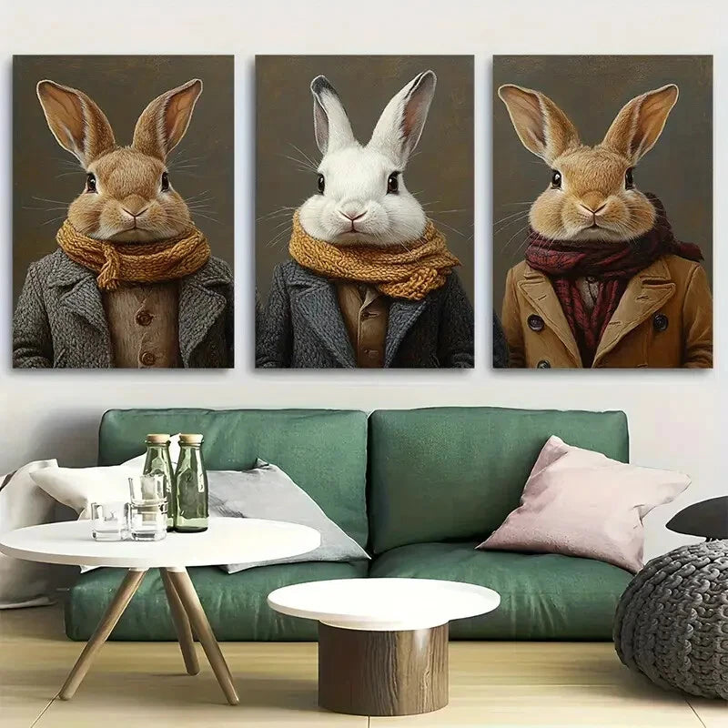 3pcs Victorian Style Rabbit Portraits Metal Print Ready to Hang Art